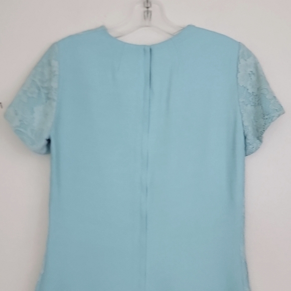 Vintage Blue & Lace Midi Short Sleeve Shift Dress By Jean Lang (Altered Waist) S - Picture 11 of 13